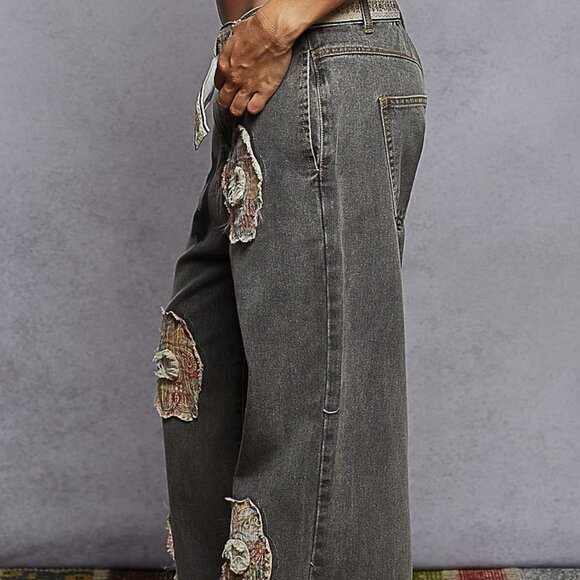 POL Floral Patchwork Relaxed Denim Pants | Black Wash | Rolled Hem | NWT | Small - Picture 2 of 4